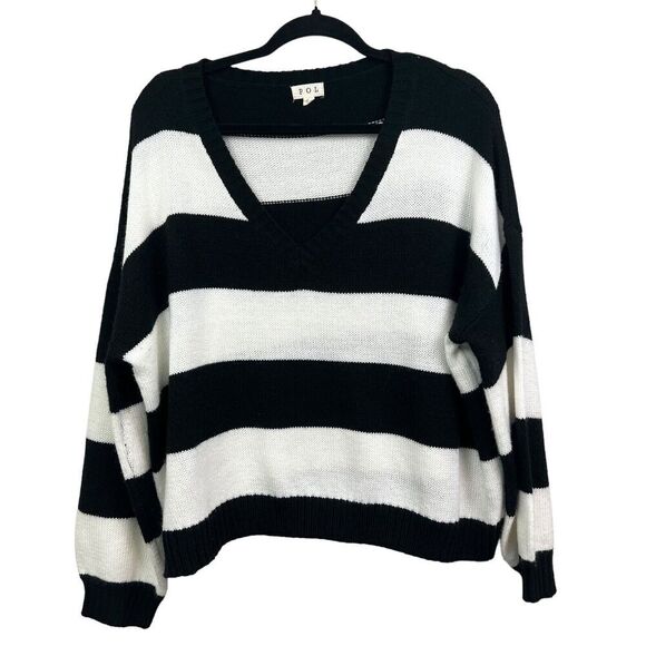 POL Oversize Crop Sweater Striped Relaxed Plunge V Neck Black Cream‎ Women Sz S - Picture 1 of 5